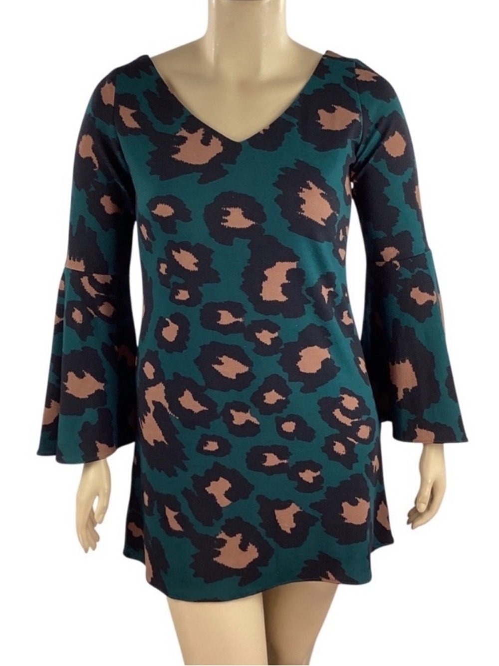 Judith March Deep Green Teal and Tan Leopard Print V-Neck Dress Size L